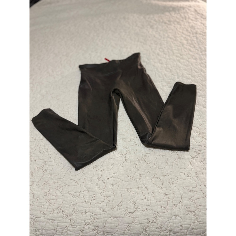 SPANX Faux Leather Leggings L Smoke Brown Gunmetal Shiny Coated Moto Leggings